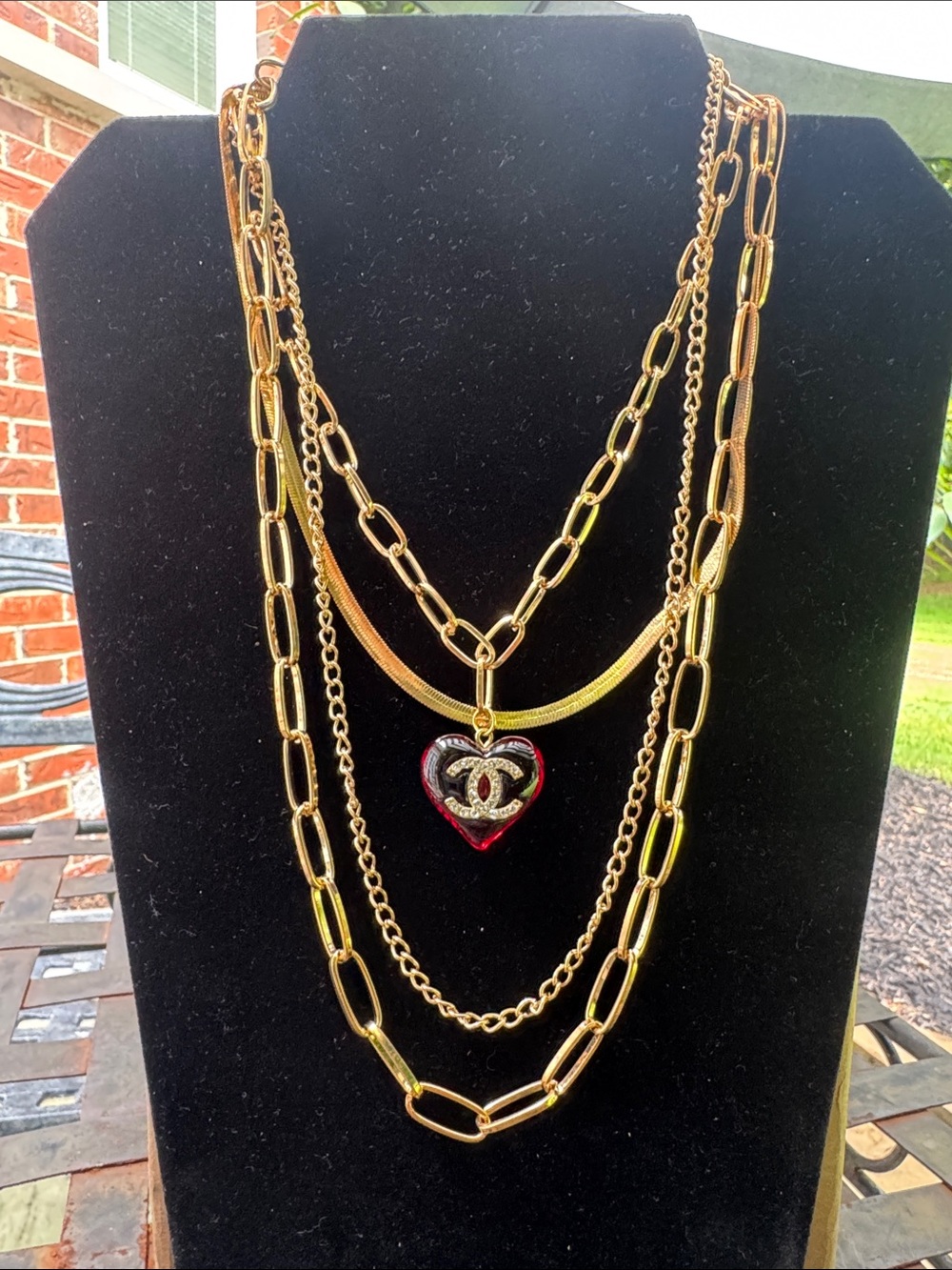 Necklace Gold-Tone Layered Necklace with Red Heart Pendant